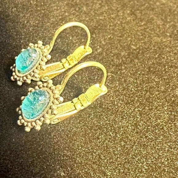 Baked Beads Lever Back Silver Earrings with bright blue gem - Picture 4 of 5